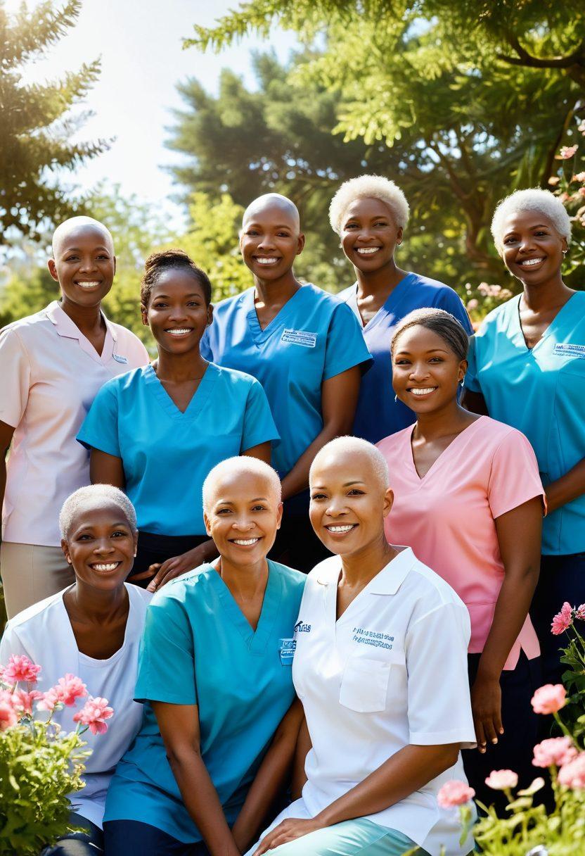 A hopeful, diverse group of cancer survivors, triumphantly standing together in a sunlit park, surrounded by blooming flowers and butterflies, symbolizing growth and resilience. Include elements of advanced medical technology subtly integrated into the background, such as a futuristic research facility and supportive healthcare professionals. The overall scene should evoke feelings of empowerment and joy, capturing the essence of community support and innovation. super-realistic. vibrant colors. uplifting atmosphere.