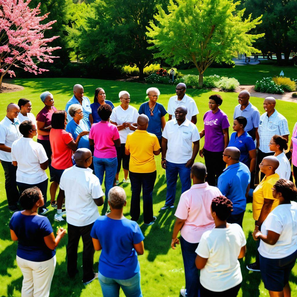 A dynamic scene depicting a diverse group of cancer survivors and supporters engaging in a supportive circle, symbolizing hope and resilience. In the background, elements of research like lab equipment and medical charts blend into a serene park setting with blooming flowers, representing the transition from research to real-life impact. The faces are filled with determination and joy, radiating a sense of community and empowerment. natural light highlighting the interactions among the group. super-realistic. vibrant colors. 3D.