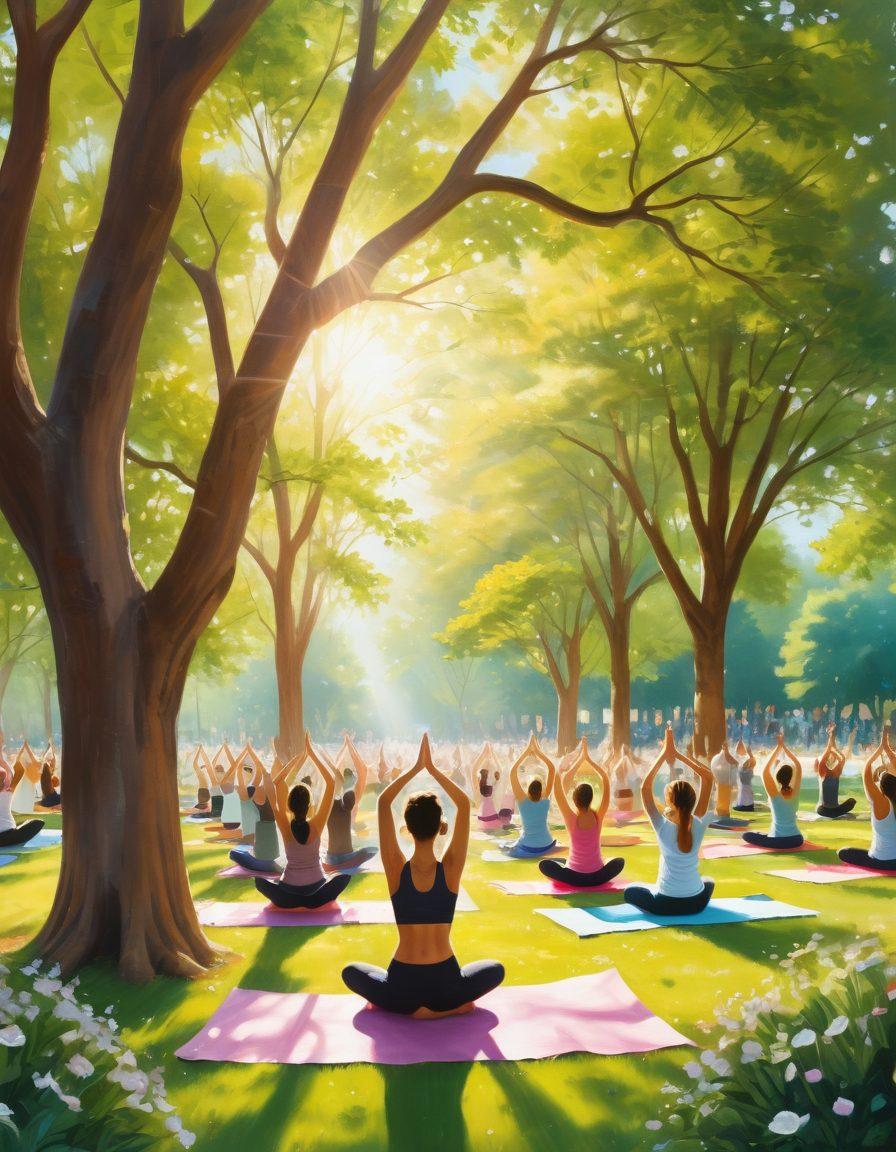 A serene community gathering in a lush park, showcasing diverse groups of people engaged in healthy activities, such as yoga and cooking classes, with banners promoting disease prevention and support for those affected by cancer. Soft sunlight filters through the trees, symbolizing hope and unity. Natural elements like flowers and greenery accentuate the holistic theme. painting. vibrant colors. warm tone.